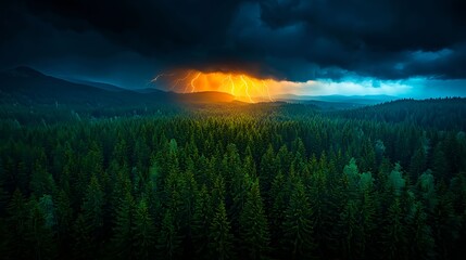 Fototapeta premium Fiery Fireworks Over a Dark Forest at Night