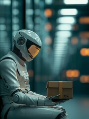 Humanoid Robot Delivering Packages Urban Environment Digital Art Futuristic Setting Close-Up View Robotics Innovation
