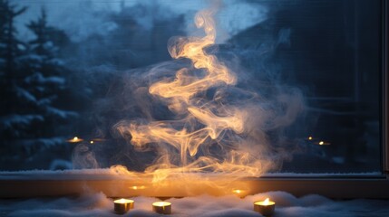 Obraz premium Smoke Christmas tree Concept. A serene scene with swirling smoke forming artistic shapes, illuminated by the glow of candles against a wintery backdrop.