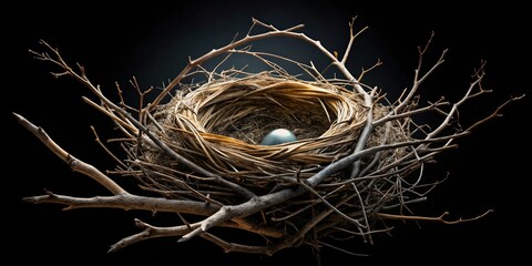 Surreal bird's nest art: black background, double exposure of branches, nature's enigmatic beauty.