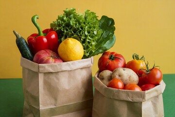 Fresh Produce in Brown Paper Bags Against a Yellow Background