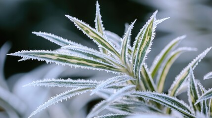 A close up view of a plant covered in frost, often used for winter or cold weather themes