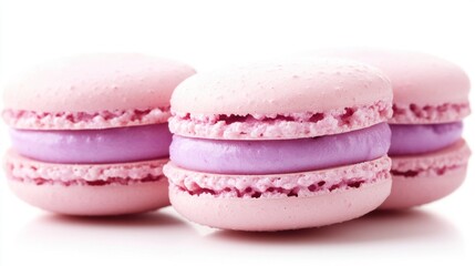 Three Colorful Pink and Purple French Macarons Arranged Elegantly on a White Background