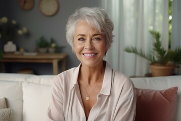 Portrait of happy mature woman with gray hair smiling while sitting on sofa in living room, enjoying retirement