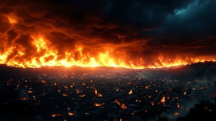 Fototapeta premium Fiery Inferno Consumes Cityscape Under Stormy Night