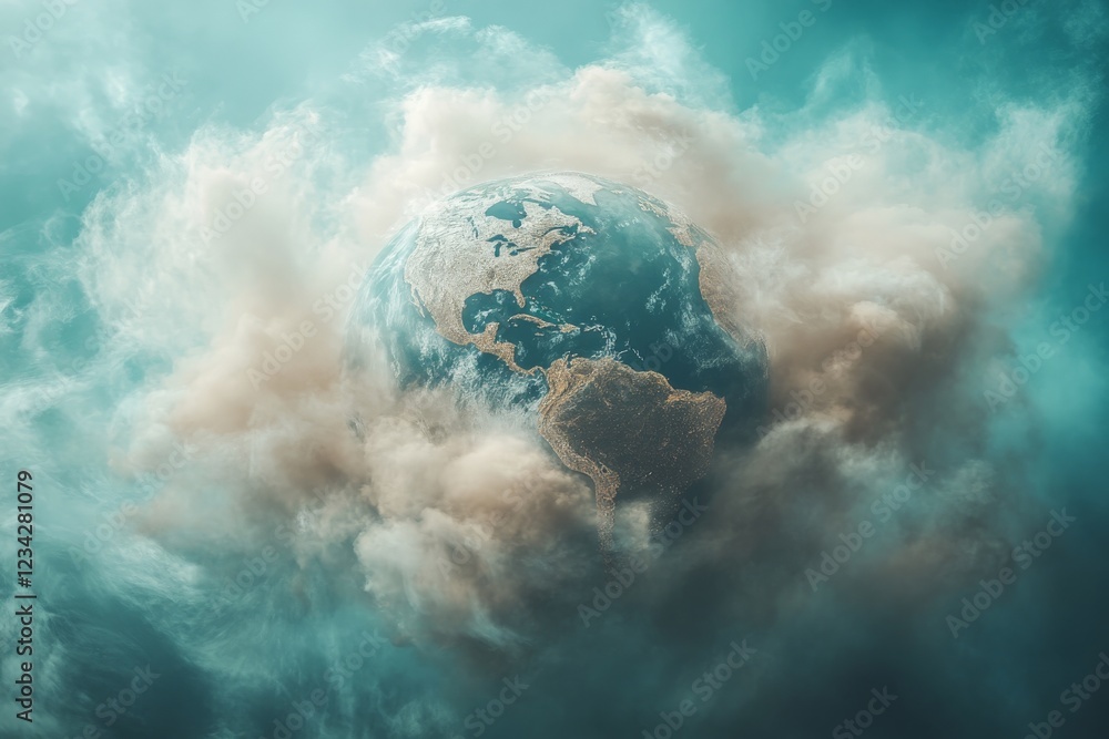 Poster earth surrounded by swirling clouds in a mystical atmosphere during a celestial event
