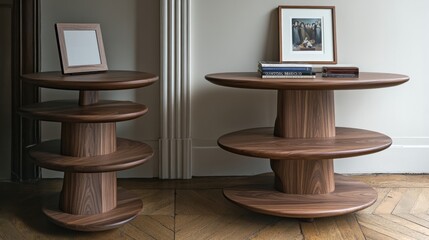 Two Elegant Wooden Tables with Round Shelves and Decorative Elements in a Modern Interior Setting