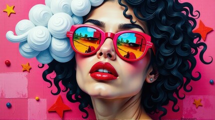 Fototapeta premium Digital portrait of a woman with bold red lips, curly black hair, and reflective red sunglasses featuring abstract reflections, set against a vibrant pink background with whimsical, creative elements.