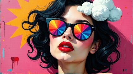Fototapeta premium A striking portrait of a woman wearing vibrant, reflective geometric sunglasses with curly hair, bold makeup, and a colorful background featuring pink and yellow accents.