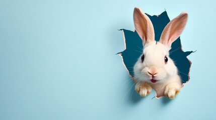 Obraz premium Cute White Rabbit Peeking Through Hole in Pastel Blue Wall. Perfect for Easter or Spring Designs.