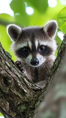 Fototapeta premium HD Phone Wallpaper Adorable Baby Raccoon Hiding in Tree Wildlife Nature Close Up