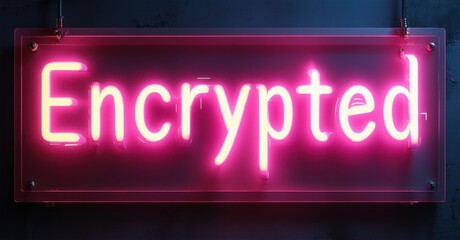 Neon sign encrypted glows in vivid pink on transparent panel. Modern design evokes digital security, privacy, and cyber encryption, contrasting against dark industrial background