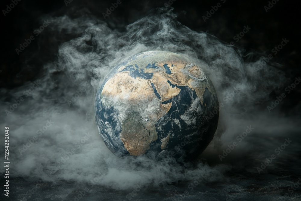 Poster earth surrounded by swirling mist in a dark environment with an ethereal glow