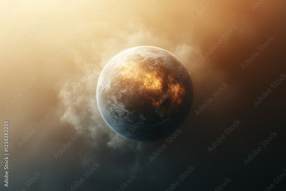 Poster Planet with fiery surface surrounded by swirling clouds in a cosmic backdrop during twilight