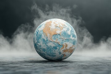 Realistic globe with detailed maps surrounded by mist in an atmospheric setting