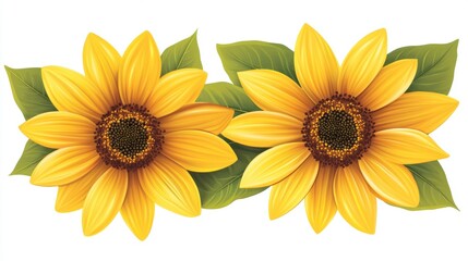 Vibrant Sunflowers with Green Leaves in Full Bloom Against a Clear Background