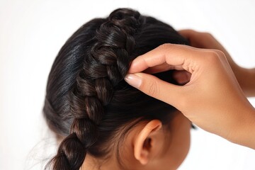 Fototapeta premium A woman uses a comb to braid her hair, focusing on the process