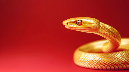 Fototapeta premium Long delicate golden snake on a red simple background, Generative AI