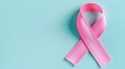 A single pink ribbon sits against a bright blue background, perfect for promoting breast cancer awareness or adding a pop of color to any design