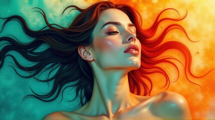 Artistic portrait of a woman with flowing dark hair illuminated by turquoise and orange lights, eyes closed in serenity, creating a dreamy and vibrant composition with bold color contrasts.