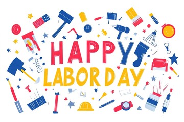 Engaging in the shared excitement of national Labor Day. Side view of american flag, set of tools, safety helmet, work gloves on wooden brown background with empty space for promo or text
