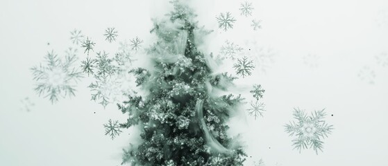 Obraz premium Smoke Christmas tree Concept. A snowy scene featuring a decorated Christmas tree surrounded by delicate snowflakes.