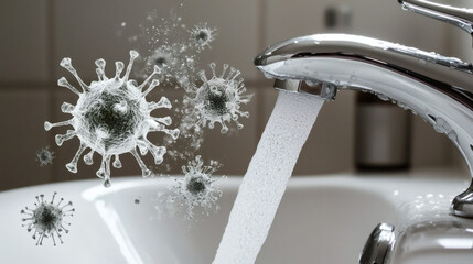 Sink with black mold growth on surface and surrounding areas in domestic setting