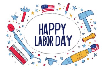 Engaging in the shared excitement of national Labor Day. Side view of american flag, set of tools, safety helmet, work gloves on wooden brown background with empty space for promo or text

