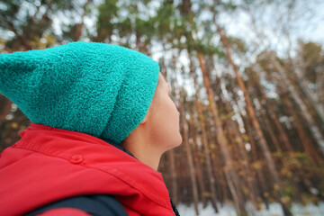Winter setting, a child wearing a bright turquoise beanie stands in wonder, gazing up at the tall,...