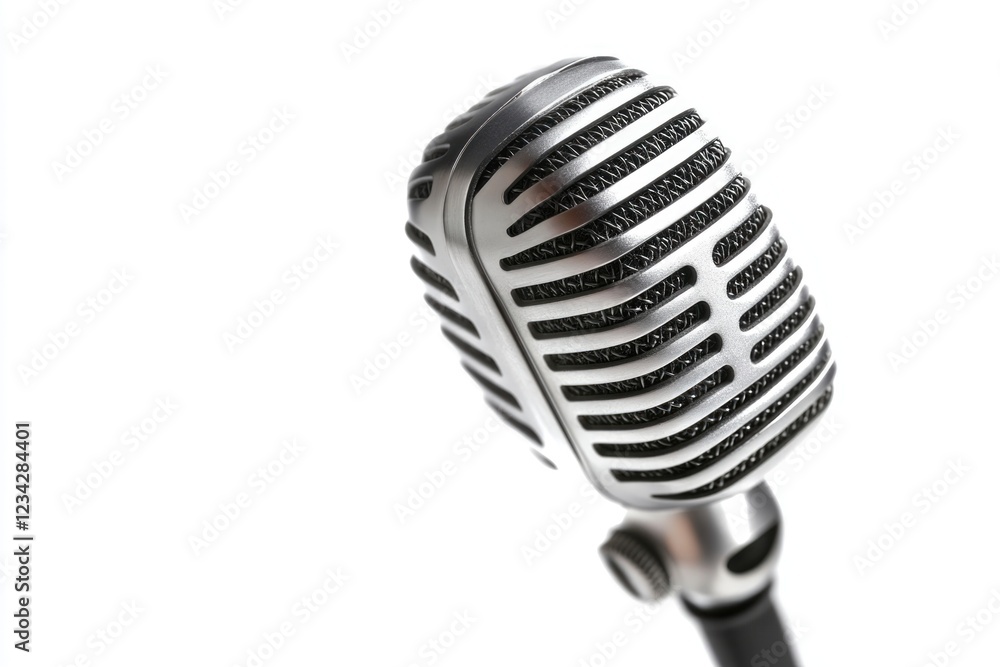 Poster a close-up shot of a microphone on a white background, perfect for use in music or audio-related pro