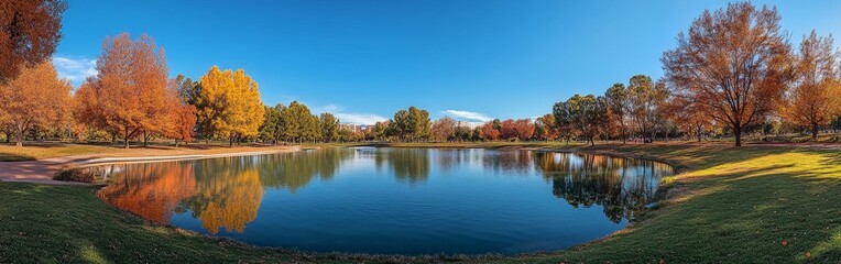 A scenic autumn park with vibrant trees and a calm lake, creating a peaceful and picturesque atmosphere.