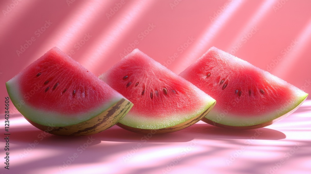 Poster Fresh watermelon slices arranged on a pink surface with soft shadows, creating a vibrant scene
