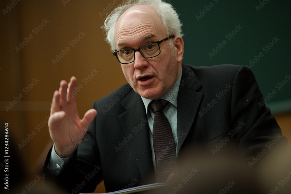 Poster university professor engages students in lecture