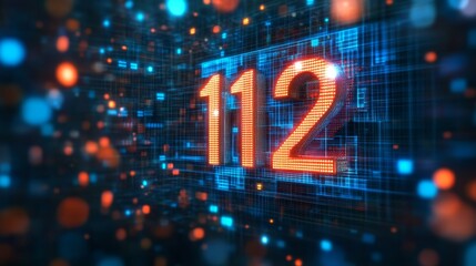 Emergency Concept Glowing Digital 112, A Futuristic Number In A Technological Network