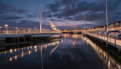 Silvery reflections on the Sail Bridge at dusk with the Swansea Bay Marina , landscape, marina