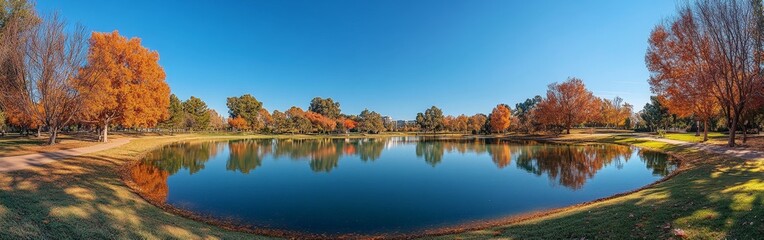 A scenic autumn park with vibrant trees and a calm lake, creating a peaceful and picturesque atmosphere.