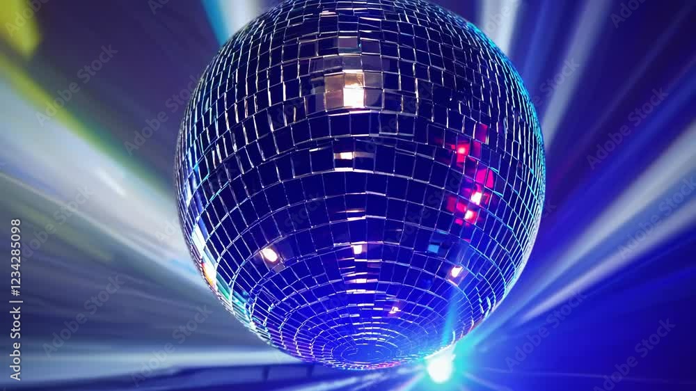 Poster a low-angle shot capturing the sparkle of a disco ball spinning slowly, illuminating a kaleidoscope 
