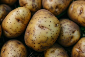 Close up of freshly harvested potatoes showcasing their natural earthy tones, textures, and imperfections