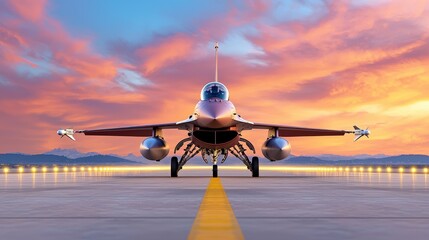Fototapeta premium Fighter Jet on Runway at Sunset, Front View