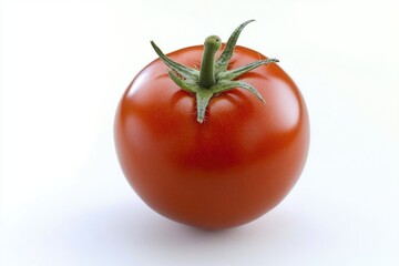 A close-up shot of a single tomato sitting on a white background, perfect for food-related projects and designs