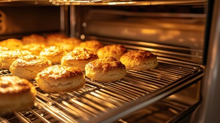 Freshly baked biscuits cooling on a rack inside an oven, golden brown and fluffy, with warm lighting