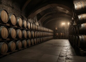 Rows of wooden wine barrels aging in a dark dungeon cellar, winery, storage