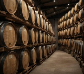 Rows of wine barrels neatly organized in winery storage room, neat, wooden, room, barrels, storage