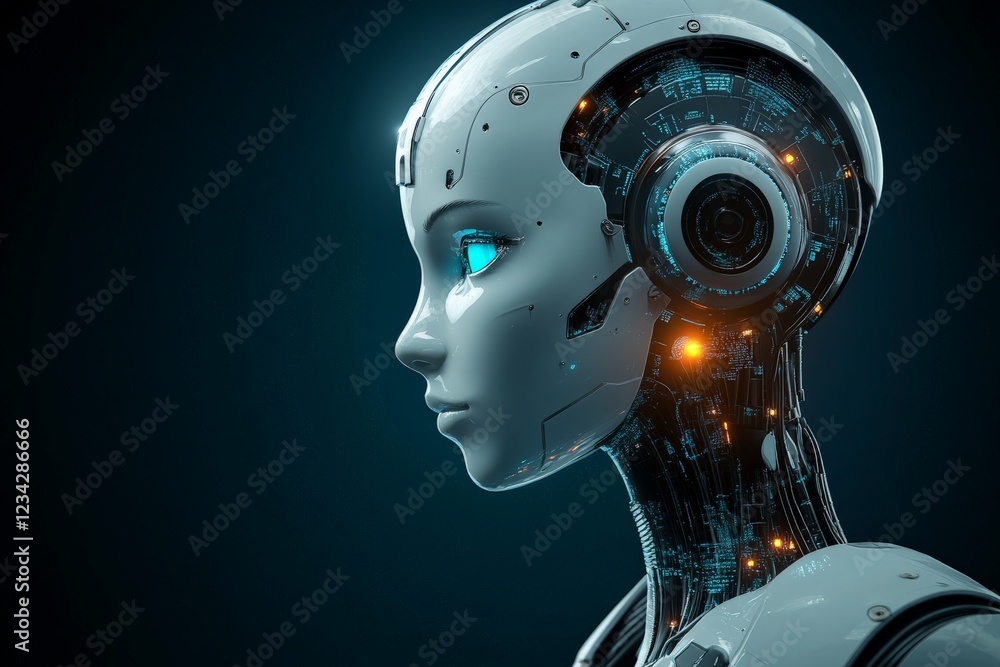Aufkleber Advanced humanoid robot with glowing blue eyes displaying intricate circuitry and digital features in a dark environment