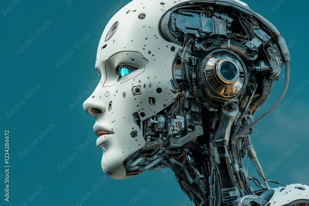 Aufkleber Robot head with intricate detailing and glowing blue eye portrays advanced artificial intelligence in futuristic setting