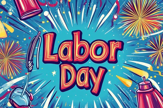Engaging in the shared excitement of national Labor Day. Side view of american flag, set of tools, safety helmet, work gloves on wooden brown background with empty space for promo or text

