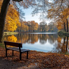A scenic autumn park with vibrant trees and a calm lake, creating a peaceful and picturesque atmosphere.