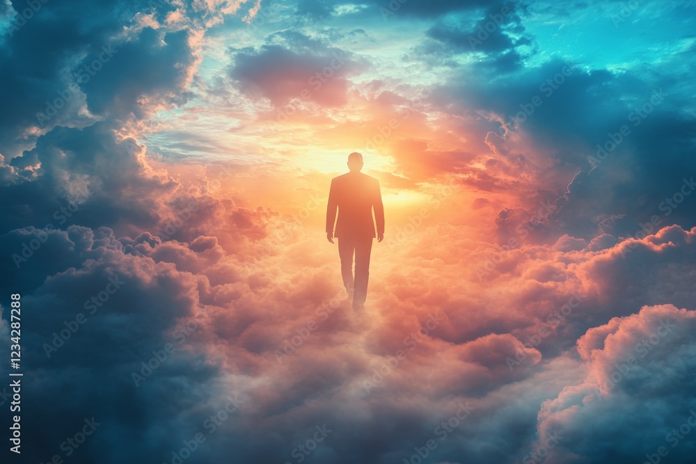 Poster Mysterious figure walking through vibrant clouds at sunset while embracing a sense of tranquility and reflection