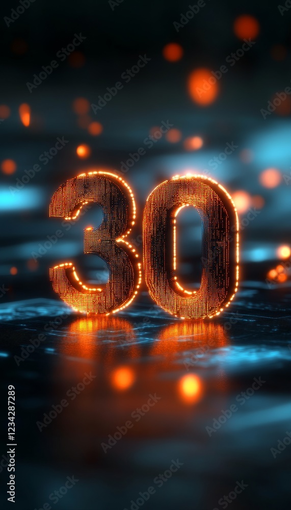 Aufkleber glowing 3d number 30 on a futuristic abstract background with digital lights and reflections