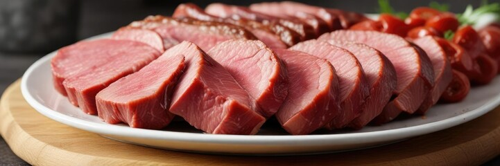 Raw steak with sliced Argentinian chorizos on a plate, argentinian sausage, sliced meat, cooked food
